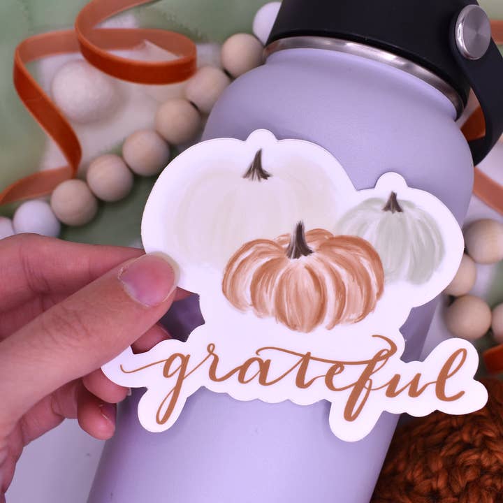 Grateful Pumpkin Trio Sticker, 4x3.21in for wholesale by Sammy Jean Artist