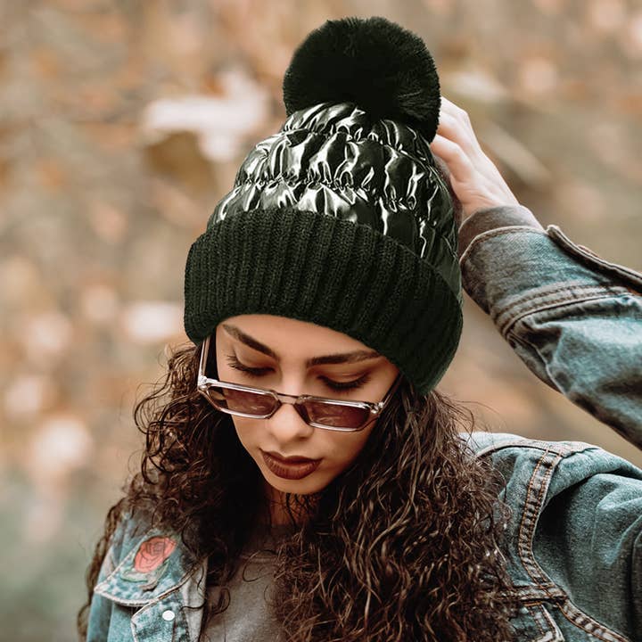 Wona Trading, Inc. - Wholesale Beanie - Women's - Fleece Lining Puffer Knit Pom Pom Beanie Hat