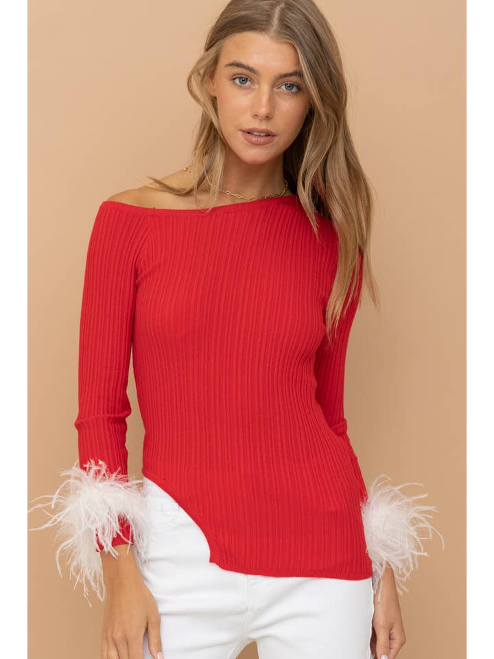 Blue B - Wholesale Knit Sweater - Women's - 32210W - Ribbed Feather Cuff Off Shoulder Sweater Top