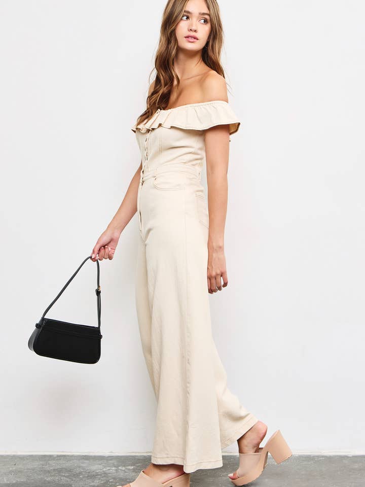 Mustard Seed - Wholesale Jumpsuit - Women's - OFF SHOULDER RUFFLE JUMPSUIT