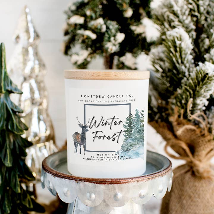 Winter Forest 8 oz Jar Candle for wholesale by Honeydew Candle Co.