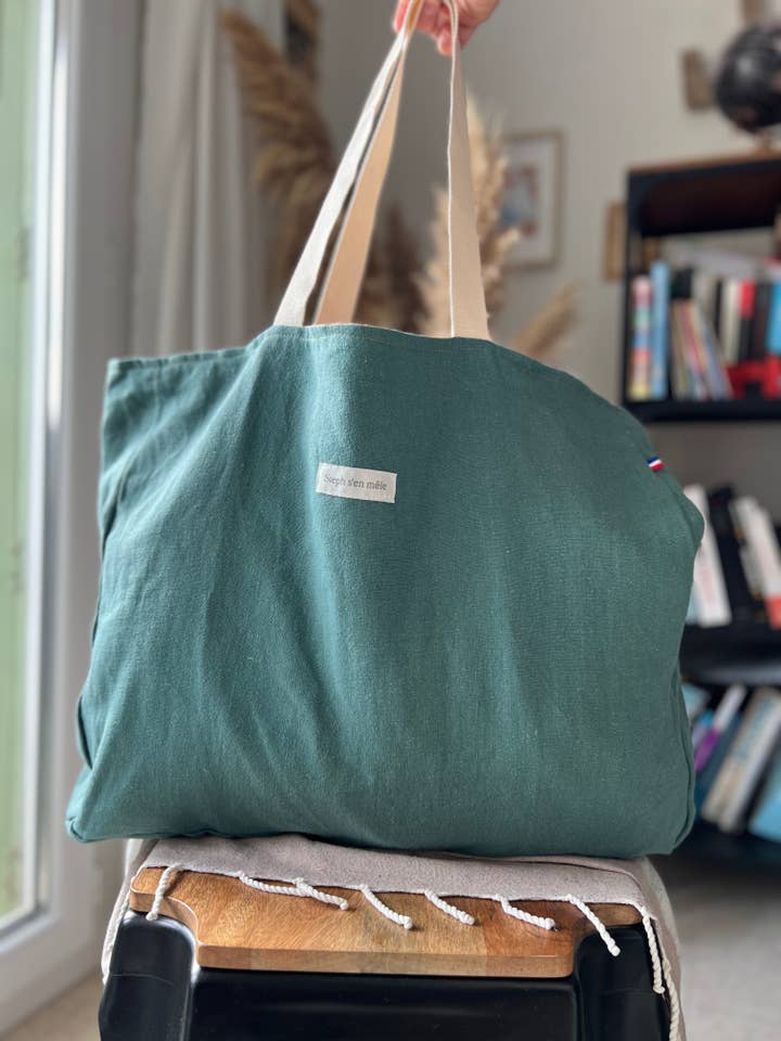 Große Tragetasche aus 100% französischem Leinen in Tannenfarbe für den Großhandel von Steph s'en mêle