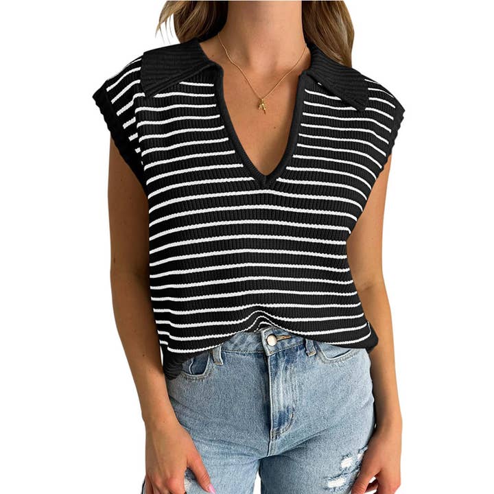 Lovesoft - Wholesale Knit Top - Women's - V-Neck Knitted Top Casual Striped Lapel Sweater