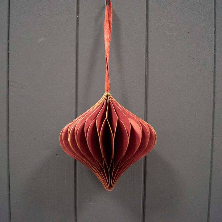 Hanging Handmade Burgundy Teardrop Paper Decoration for wholesale by Satchville