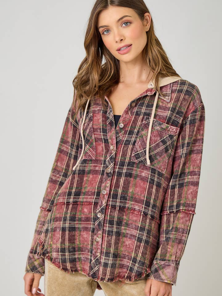 61151 Washed Double-Cloth Plaid Hoodie Jacket for wholesale by Mystree