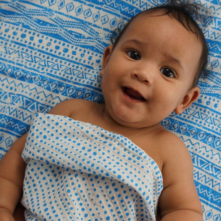 Blue Dots & Geometric Blue Muslin Swaddle Blanket Set of 2 for wholesale by Bambino Land