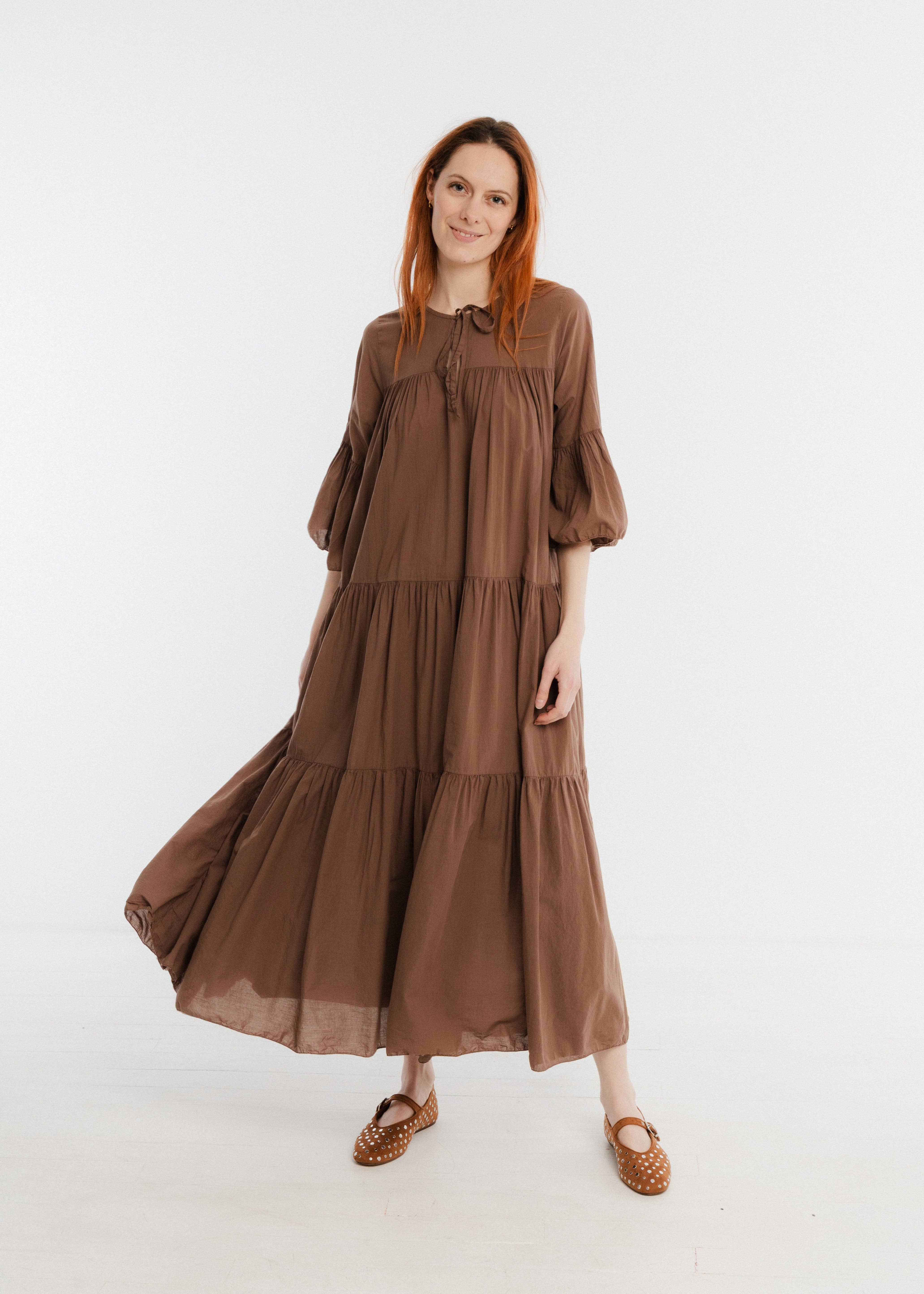Brown Long ruffled maxi dress for wholesale on Faire0