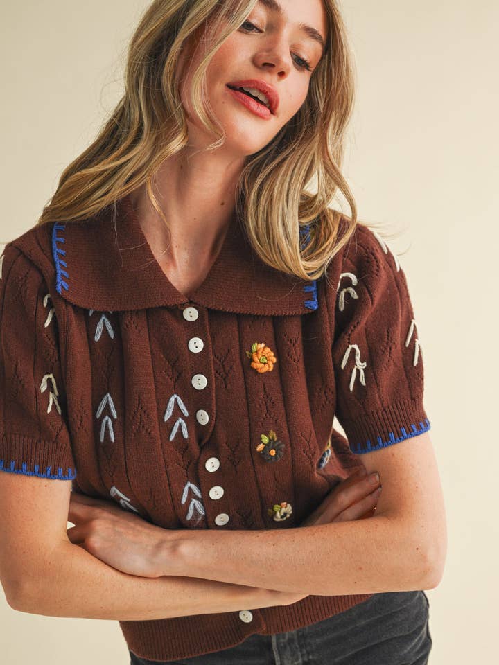 &MERCI - Wholesale Knit Sweater - Women's - HAND EMBROIDERED SHORT SLV BUTTON DOWN SWEATER MSW1095315