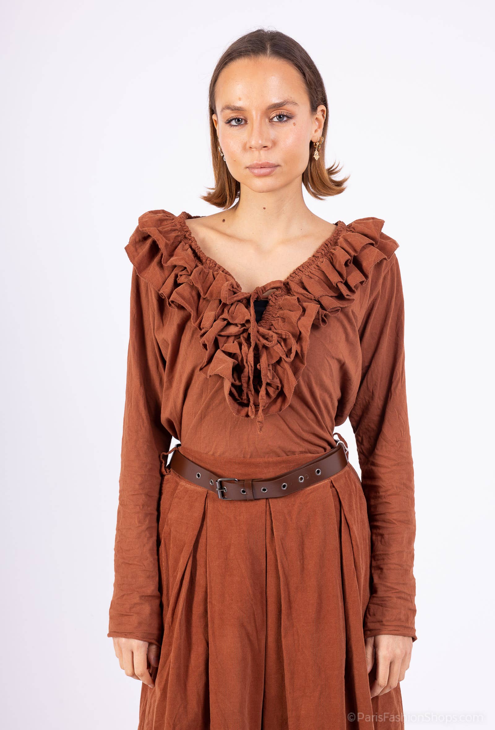 Mimi & Gogo - Wholesale Blouse - Women's - Cotton Velvet Ruffled Top @10296_HVFroufrou11