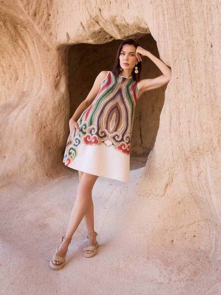 Linen Blend A-Line Mini Dress – Sleeveless, Exclusive Print for wholesale by SoulofMu