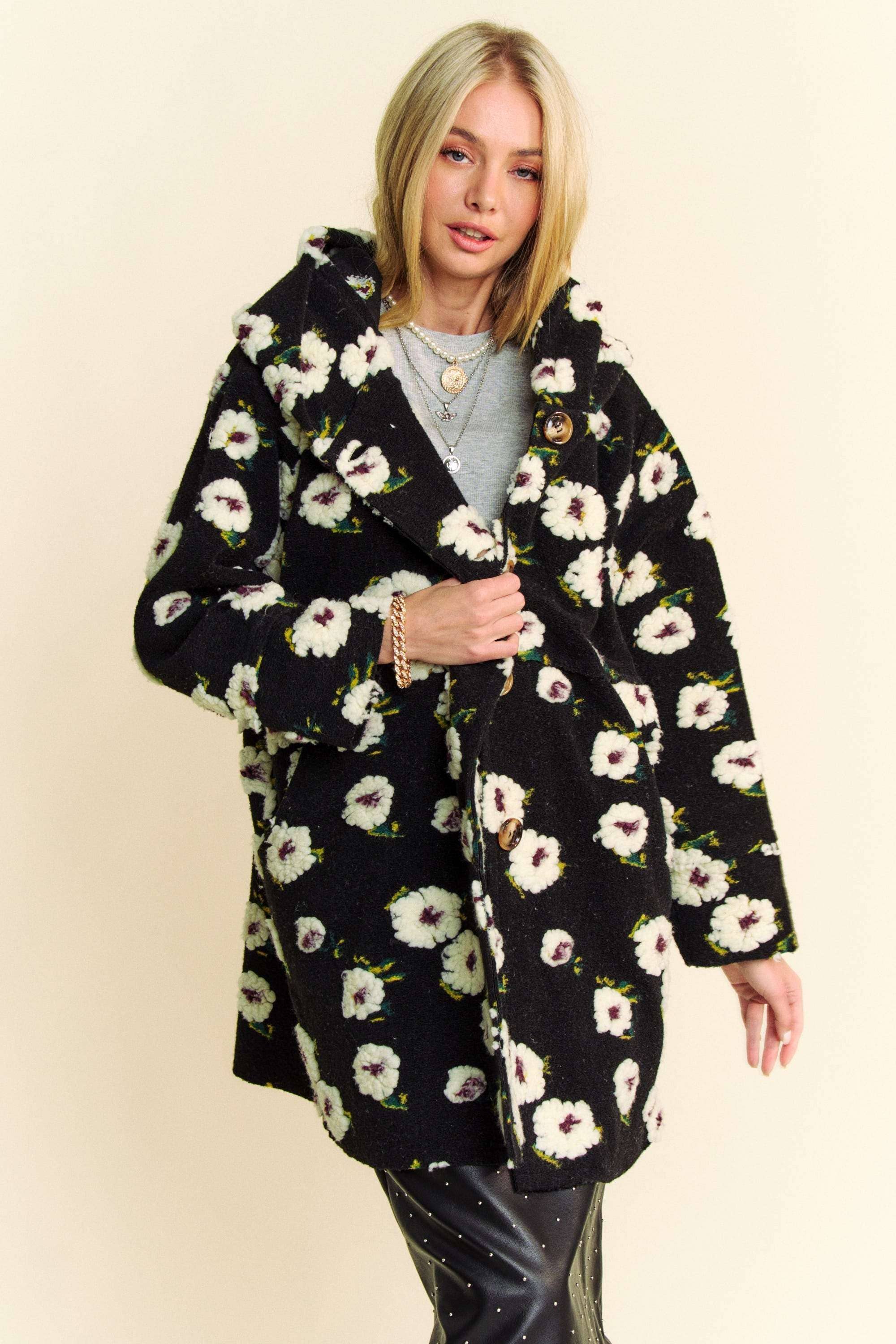 Davi & Dani - Wholesale Jacket – Women's - FLORAL POCKET CHUNKY BUTTON FRONT HOODIE JACKET