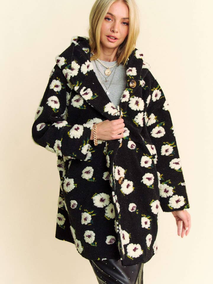 FLORAL POCKET CHUNKY BUTTON FRONT HOODIE JACKET for wholesale by Davi & Dani