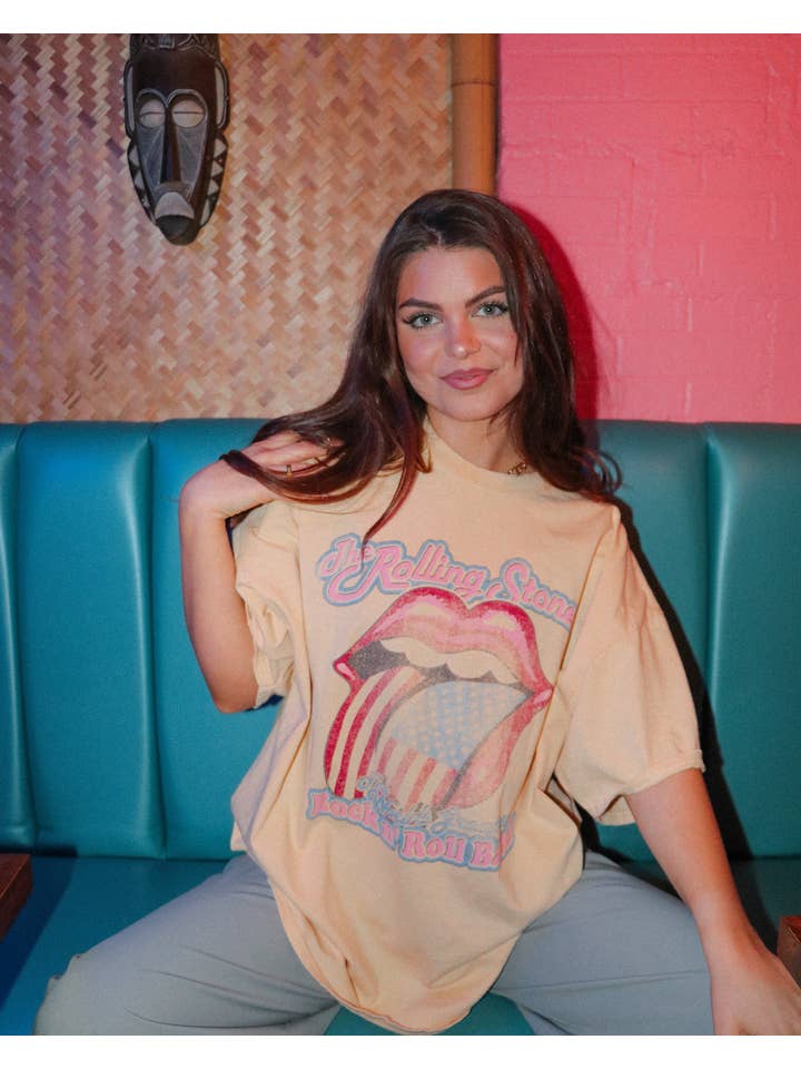 LivyLu - Wholesale Screen Printed T-Shirt - Unisex - Rollings Stones World's Greatest Band Yellow Thrifted Tee2