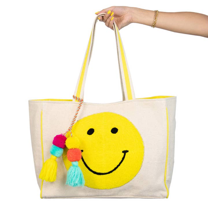 Happy Face Chenille Patch Canvas Big Tote Bags for wholesale on Faire1