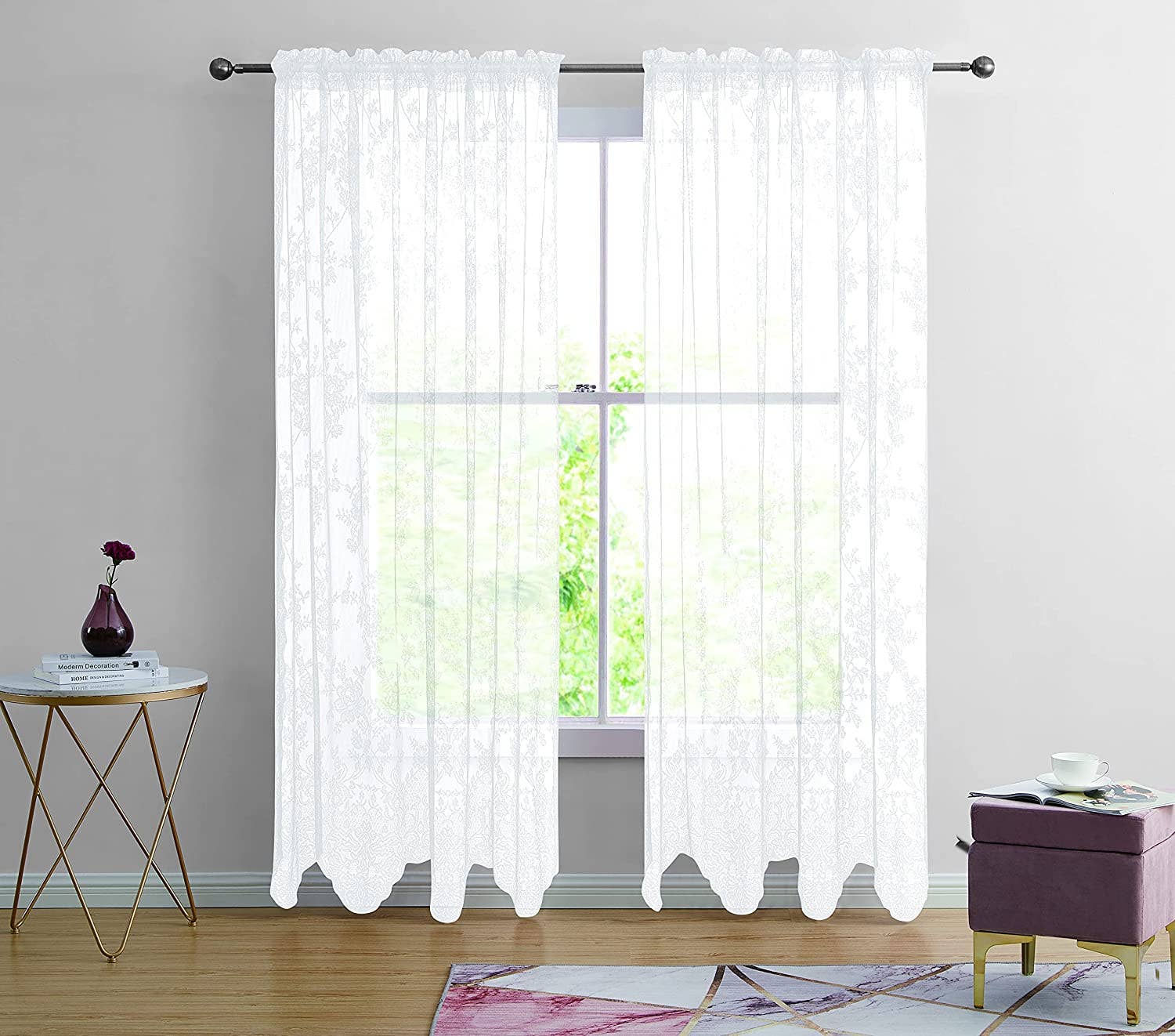 Jenin Home Furnishing Inc - Wholesale Curtain - 2pc Alison Sheer Flower Floral Lace Rod Pocket Curtain Panel6
