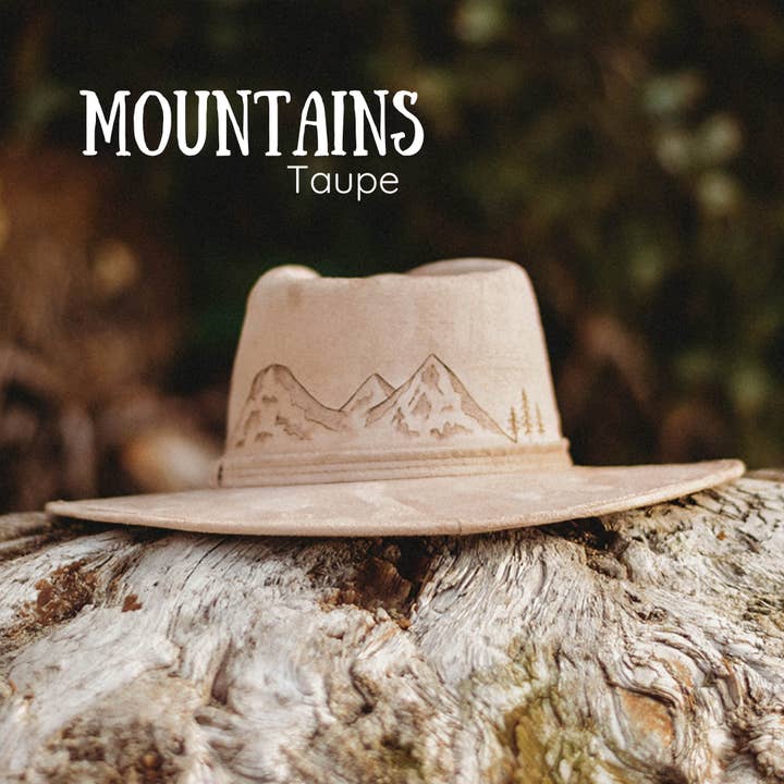 Pacific Wren Art & Design - Wholesale Fedora - Women's - Wood-Burned Wide Brim Rancher Hat - Mountain Collection