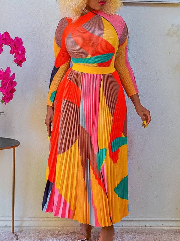 Sheer Trend - Venta al por mayor Conjuntos de top y falda - Mujer - Conjunto de dos piezas de blusa de manga larga con cuello simulado, estampado plisado de color contrastante y falda en talla grande.2