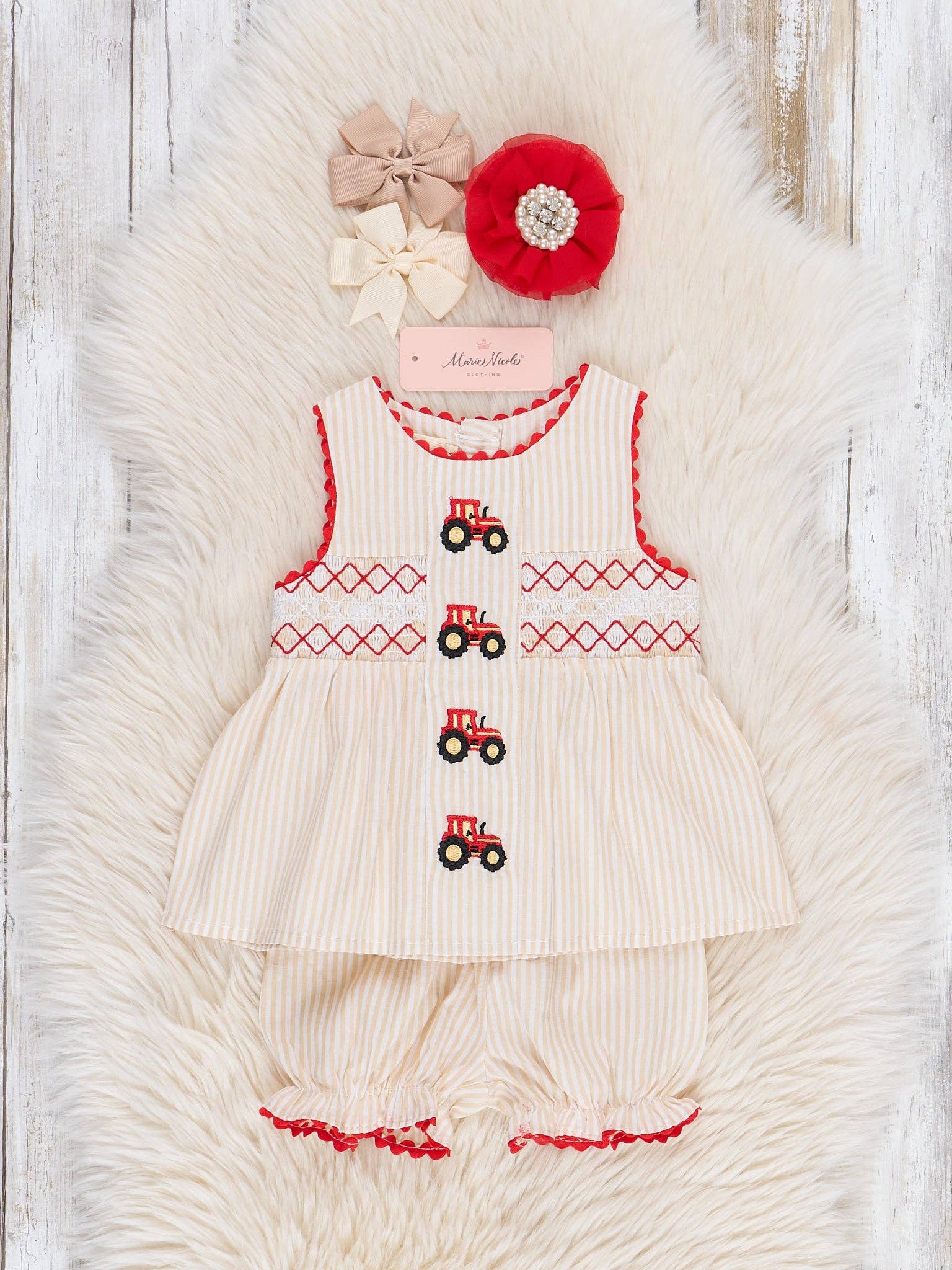 Marie Nicole Clothing - Wholesale Clothing Set - Baby - Embroidered Red Tractor Smocked Bloomers Outfit0
