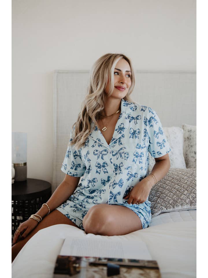 Light Blue Toile Print Coquette Bows Cute Pajamas for wholesale on Faire