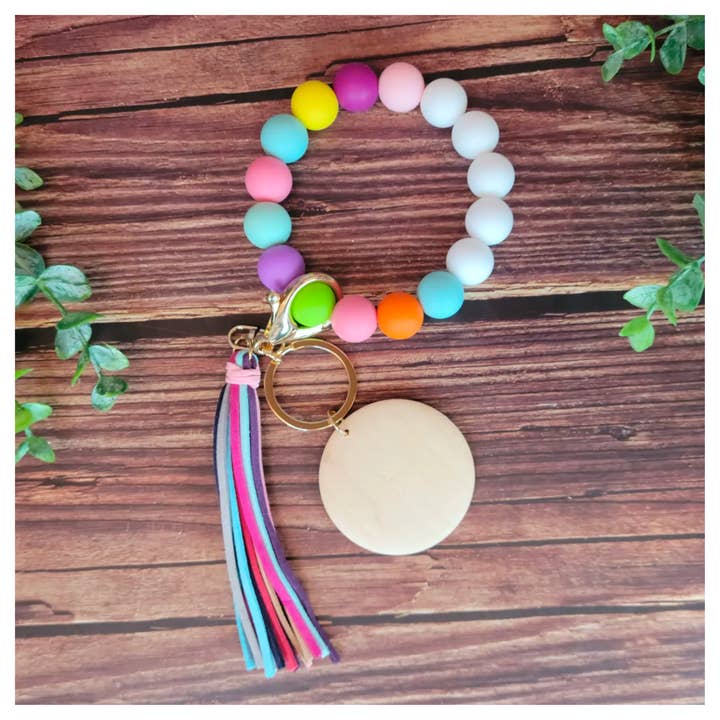 Silicone bead keychain bracelet, rainbow wristlet, laser eng for wholesale by ACC Sublimation Blanks