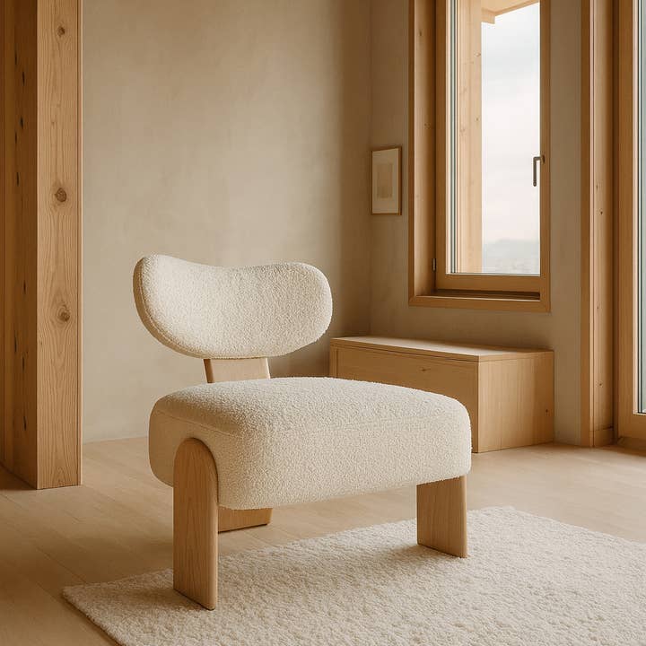 Sillón Hella en tela bouclé blanca con patas de madera 70x72x72 cm para venta al por mayor de Now's Home