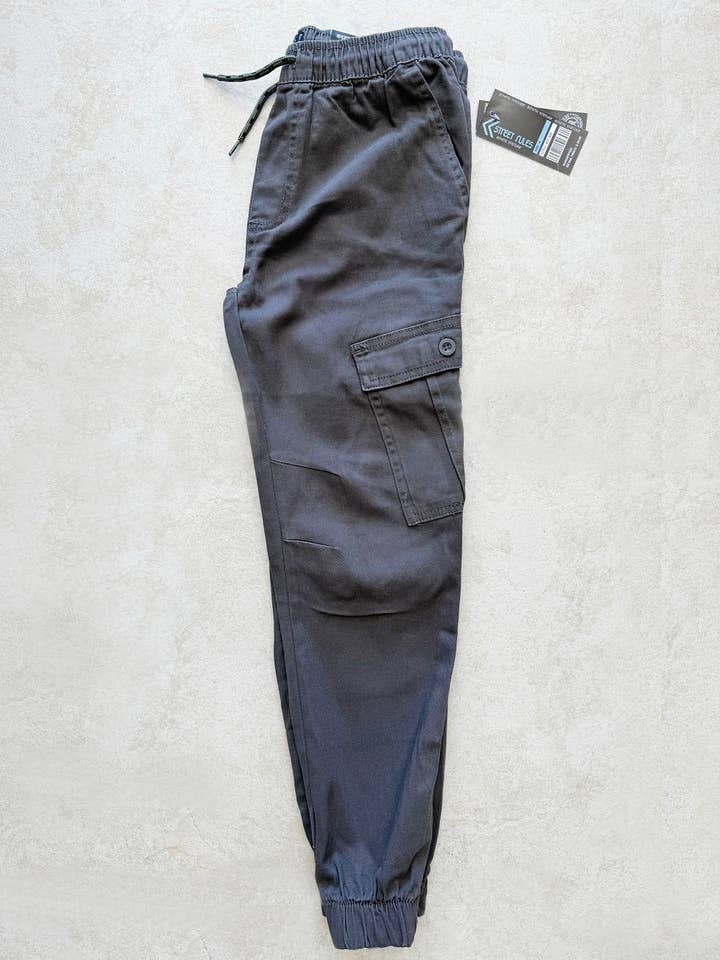 Charcoal Boy's Pull-On Twill Cargo Jogger Pants (Charcoal) for wholesale on Faire4