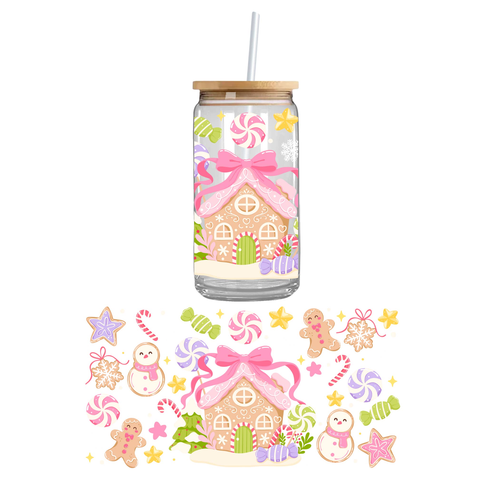 Teddy Transfers - Wholesale Sublimation Transfer - Pink Gingerbread House UV DTF Cupwrap