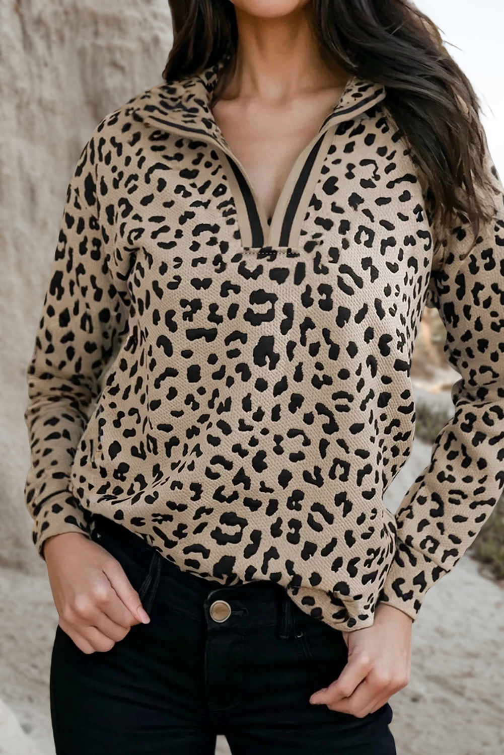Parchment Leopard Polo Collared V Neck Pullover Top | S-XL for wholesale on Faire0