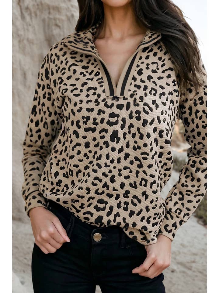 Parchment Leopard Polo Collared V Neck Pullover Top | S-XL for wholesale on Faire