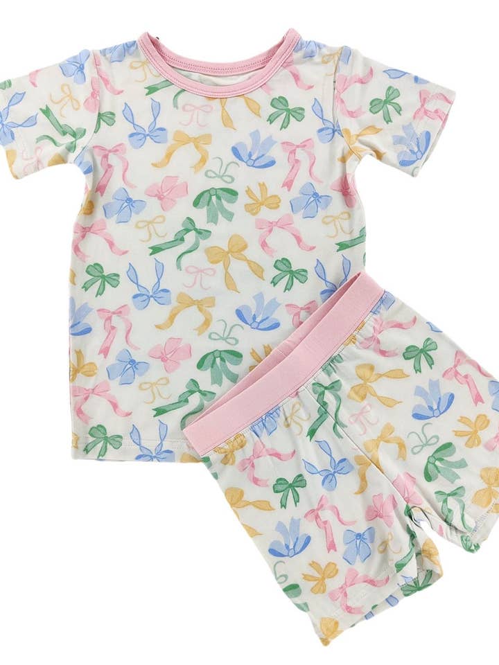 Little One Shop - Wholesale Top & Short Set - Kids - Pastel Bow Bamboo Shorts Set