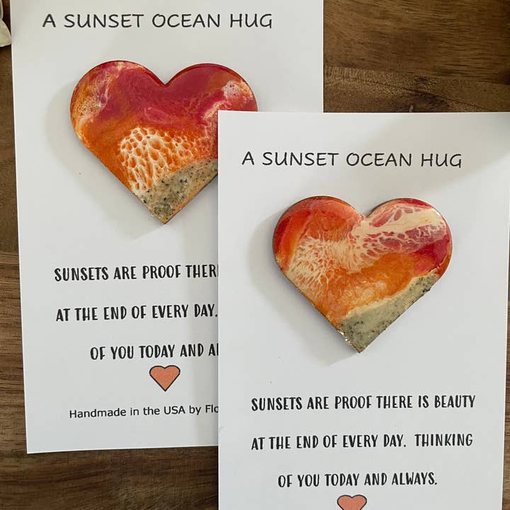 Flow Art Studios - Wholesale Everyday Greeting Card - Sunset Ocean Hug Card - Everyday Handmade Card Resin Heart