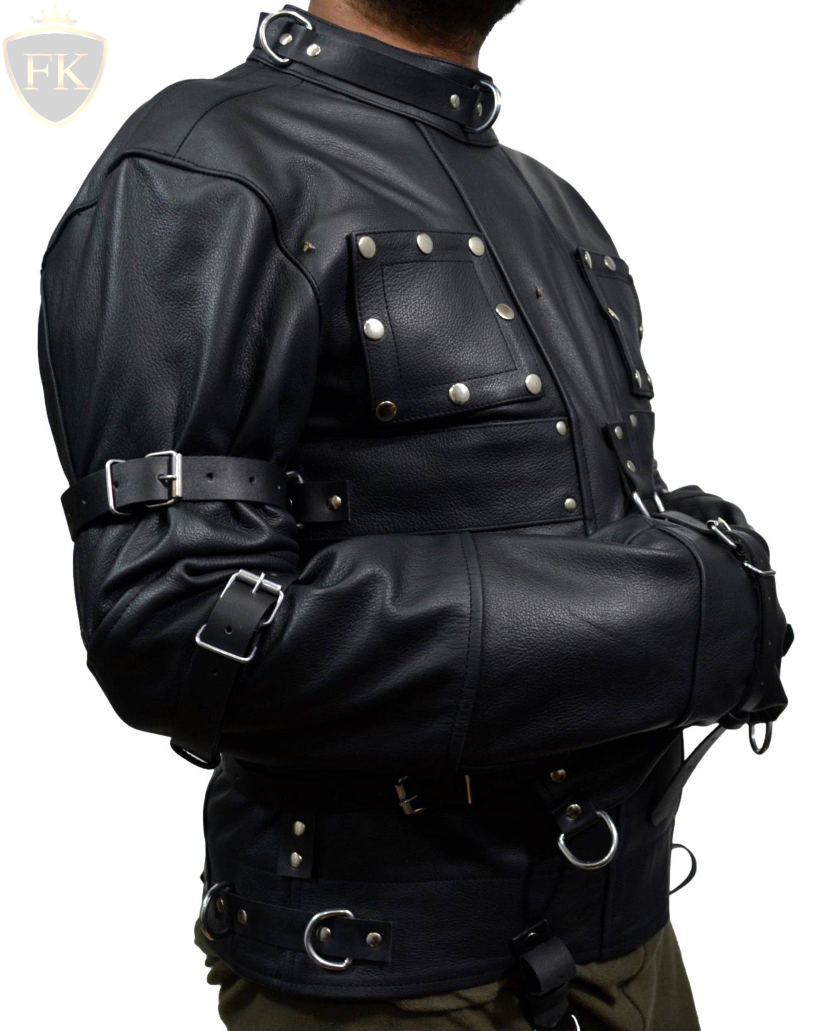 Meninleather – wholesale Leather jacket – Men′s – Men Leather Straitjacket Straight jacket with Locking Buckles Belts2
