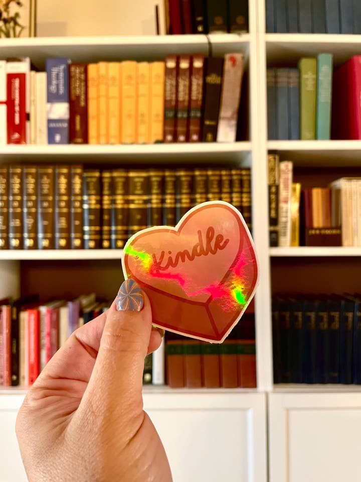 Kindle Candy Heart Book Lover Holographic Sticker for wholesale by Steele Creative Co