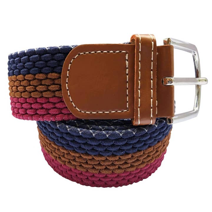 Horizontal Stripe Woven Elasticated Belt - Navy, Wine. Brown for wholesale by Bassin And Brown