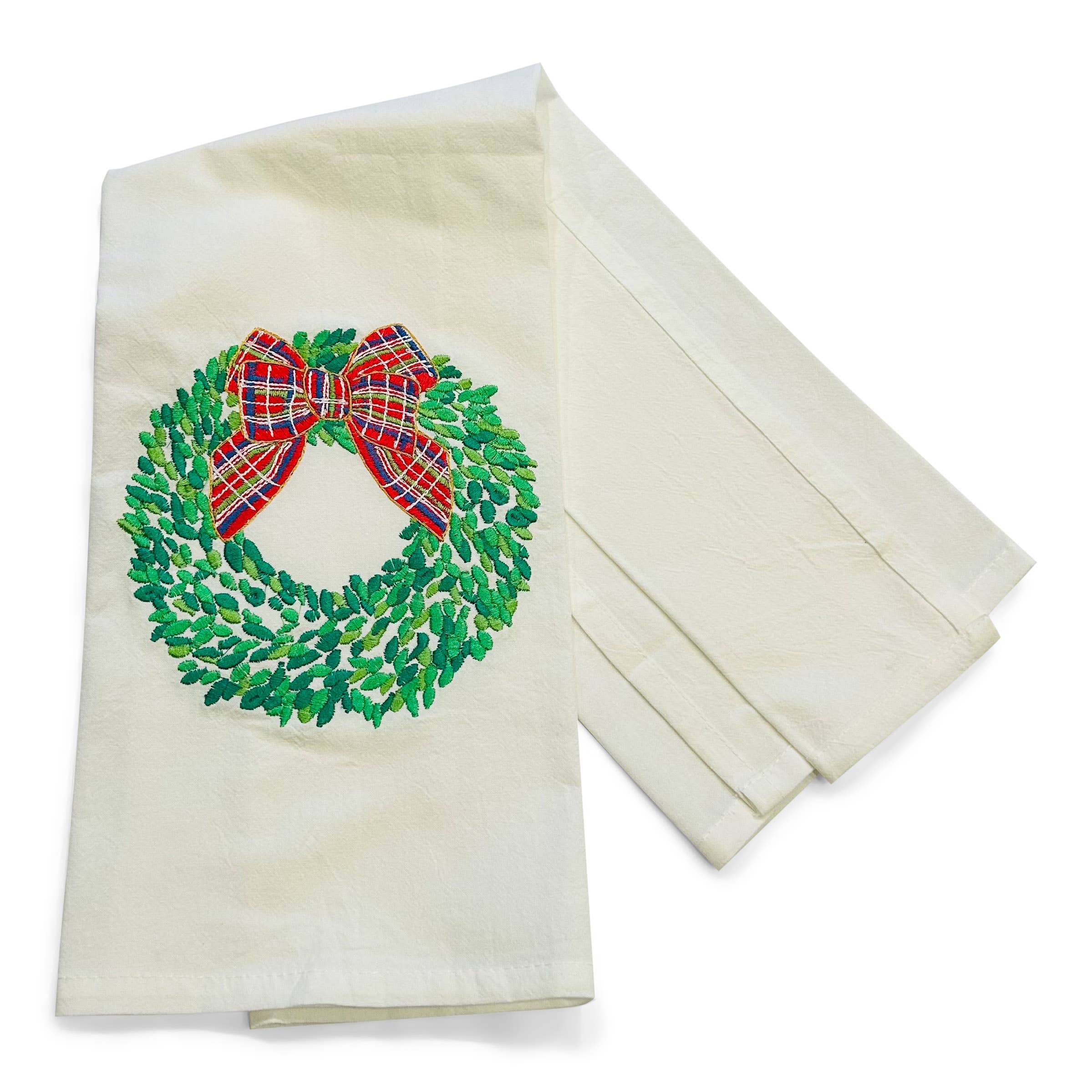 Vibrantly Blue - Wholesale Tea Towel - Towel - Boxwood Wreath with Red Bow on white1