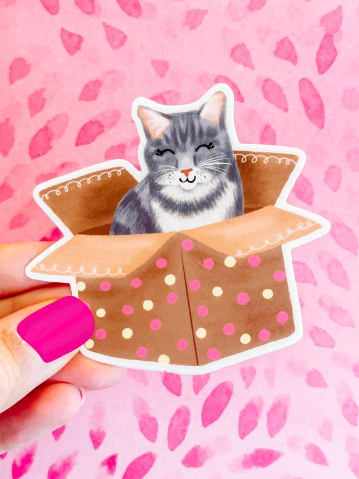 Cat in a Box Charity Vinyl Sticker for wholesale by Emily Cromwell Designs