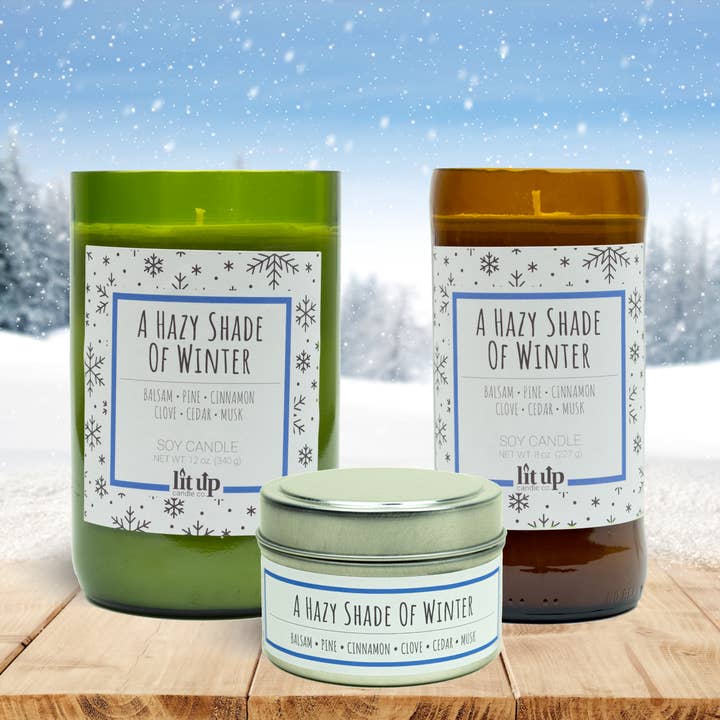 Lit Up Candle Co. - Wholesale Jar/Filled Candle - A Hazy Shade of Winter 8 oz. soy candles in beer bottles