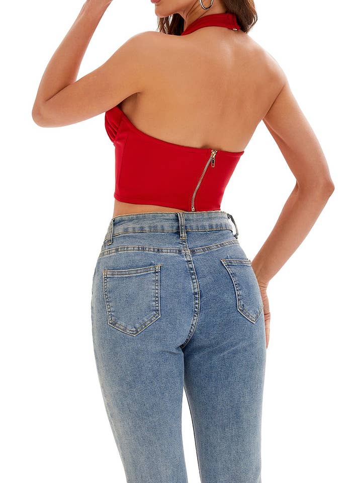 Rojo Top corto corsé con cuello halter en forma de X Tessa Stylish de venta al por mayor en Faire3