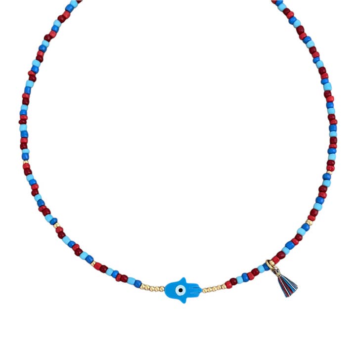 Blauwe Hamsa Hand Multicolor Kralenketting voor wholesale door Georgina Nicol