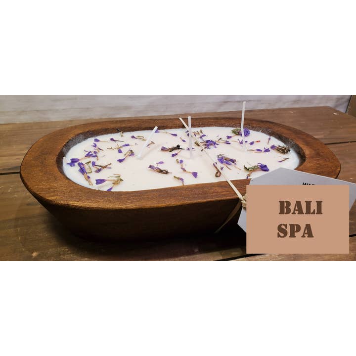 Wooden Dough Bowl Soy Candle, with dried flowers, Bali Spa for wholesale by Abnormal Creations
