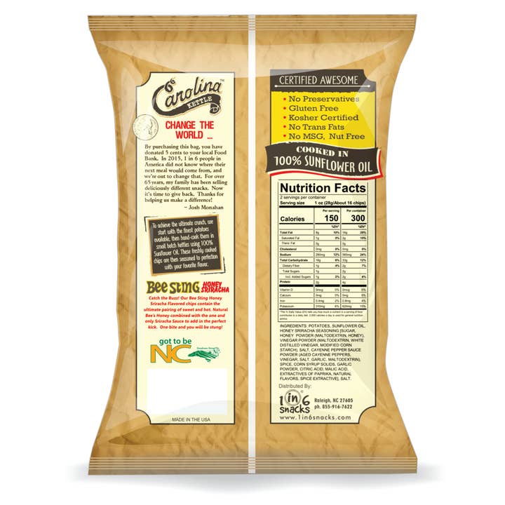 1 in 6 Snacks- Carolina Kettle chips- Rustic Roots - Wholesale Chips - 2oz Honey Sriracha Chip Case(20)