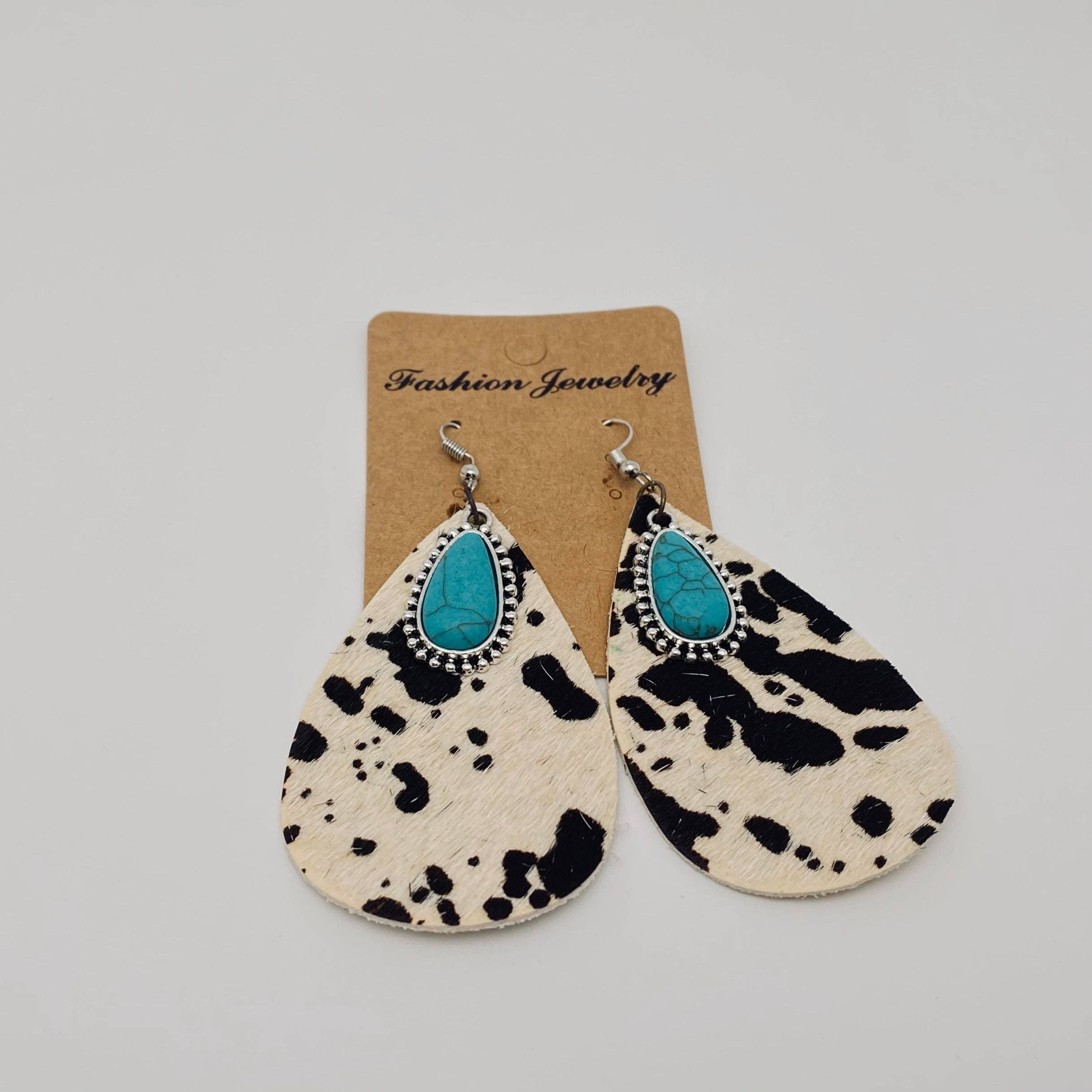 Mio Queena - Wholesale Dangle Earrings - Western Leopard Print Cowhide Earrings Turquoise Pendant -WJ2