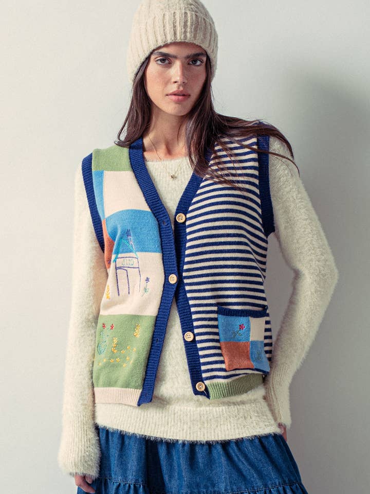 Gilet en tricot à rayures patchwork bohème pour la vente par Fashion Week