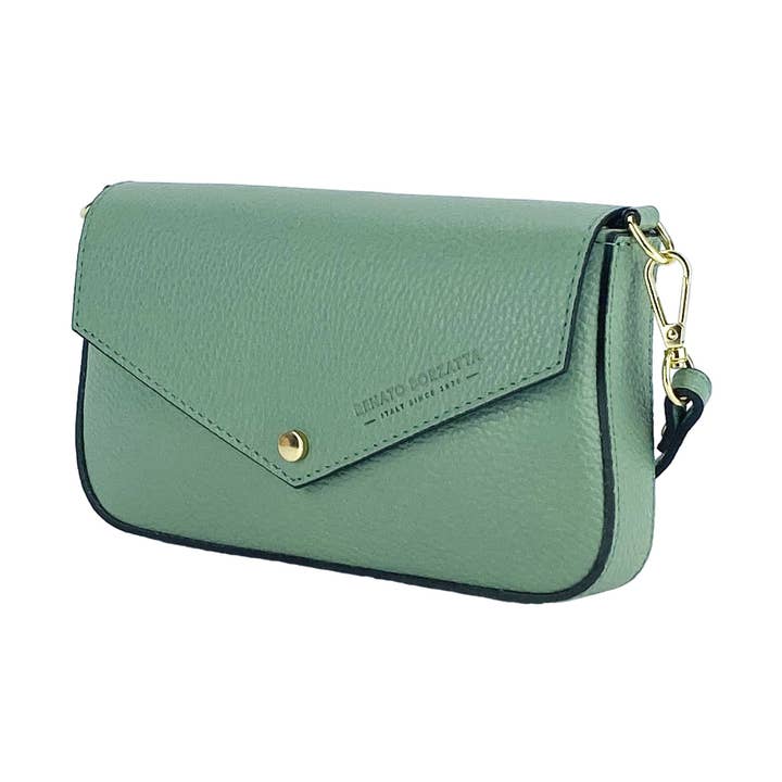 RB1023BF | Mala de Ombro Pequena com Correia de Ombro de Corrente Removível em Couro Genuíno Fabricado em Itália. Aba de fecho. Acessórios em Metal Dourado Polido - Cor Menta - Dimensões: cm 22 x 12 x 3 por atacado de Kaili mood / RENATO BORZATTA - Italy since 1978 -