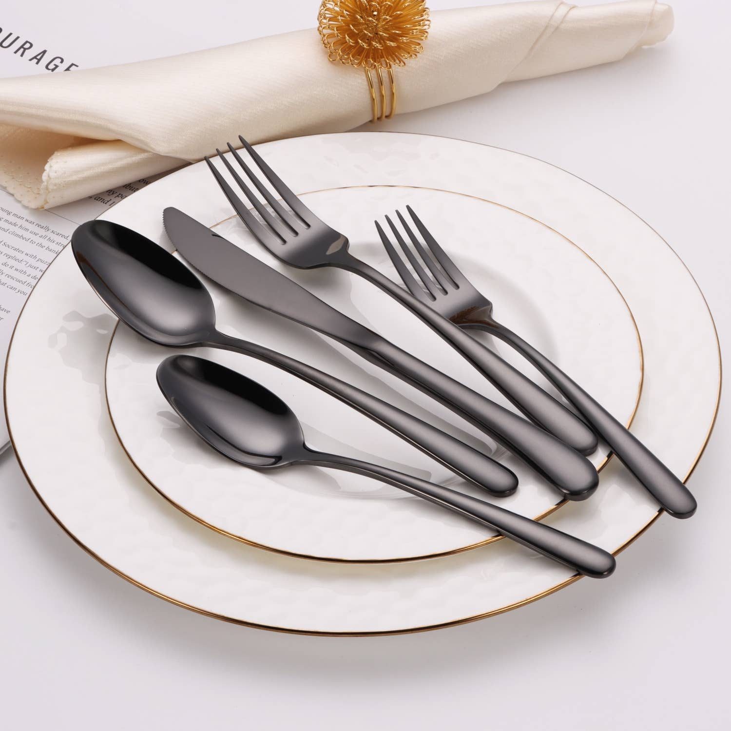 VIVIENCE - Vendita all'ingrosso Set di posate - Set di posate da 20 pezzi in argento con manico a blocchi di colore bianco/nero4