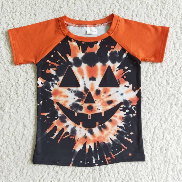 Yawoo Garments - Wholesale T-Shirt - Kids - Tie dye pumpkin raglan kids boy Halloween shirt1
