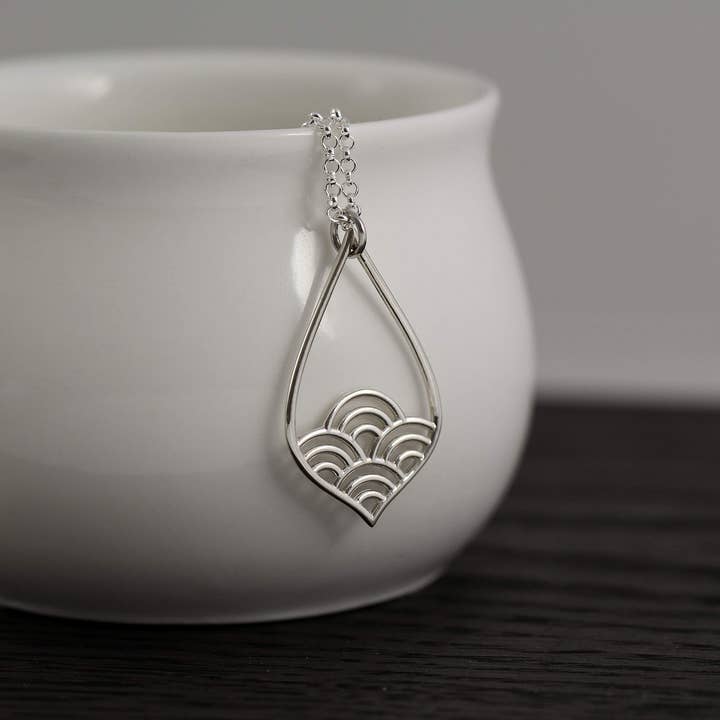 A Charmed Impression - Wholesale Pendant/Charm Necklace - A Charmed Impression Sterling Silver Wave Teardrop Necklace • Simple Minimalist Jewelry • Modern Pendant • Romantic Feminine • Waves Pattern