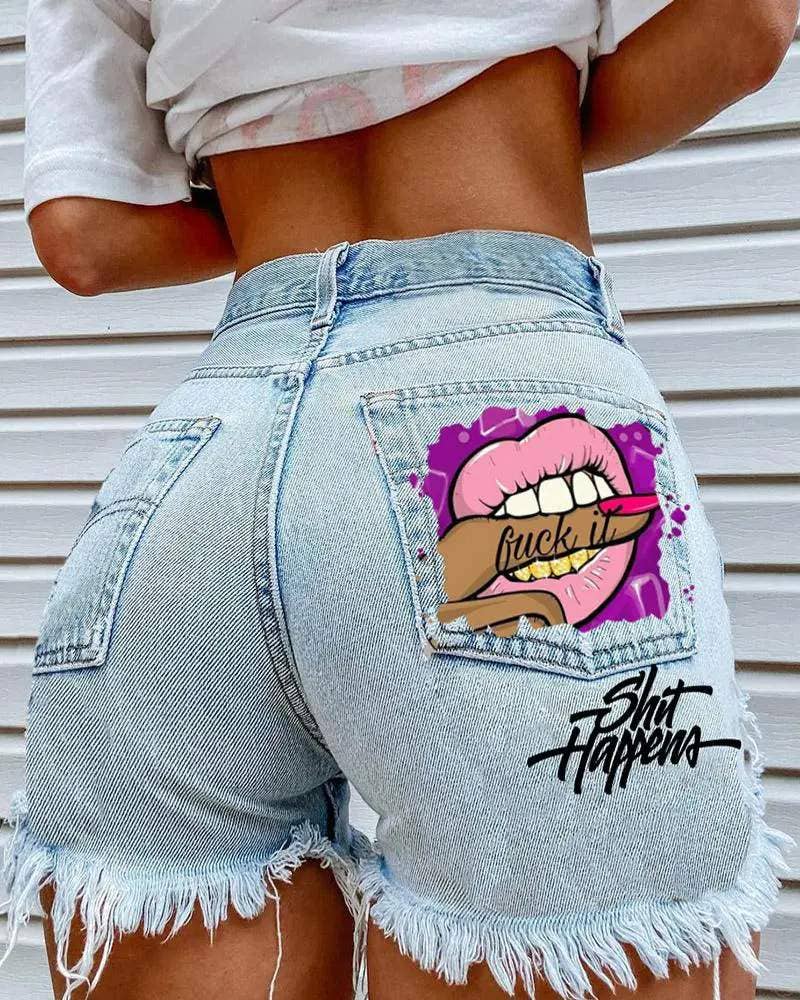 BLUE lip letter print ripped raw hem denim shorts for wholesale on Faire0