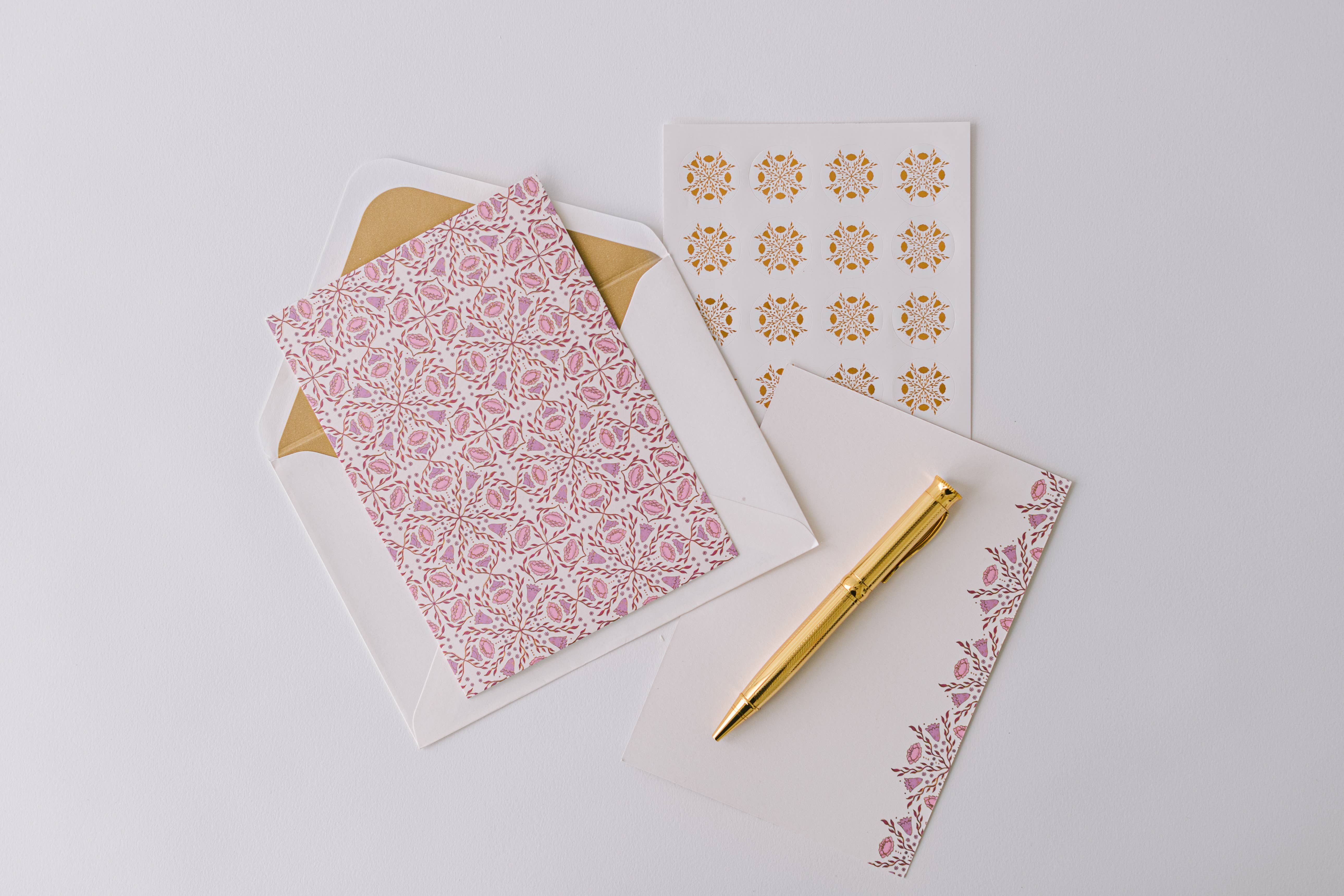 Good Juju Ink – wholesale Stationery/notecard set – Folk Pattern Luxury Stationery Set - Pink/Purple6