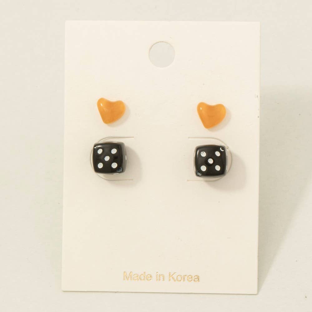 Fame Accessories - Wholesale Stud/Post Earrings - Dice And Hearts Acrylic Stud Earrings Set4